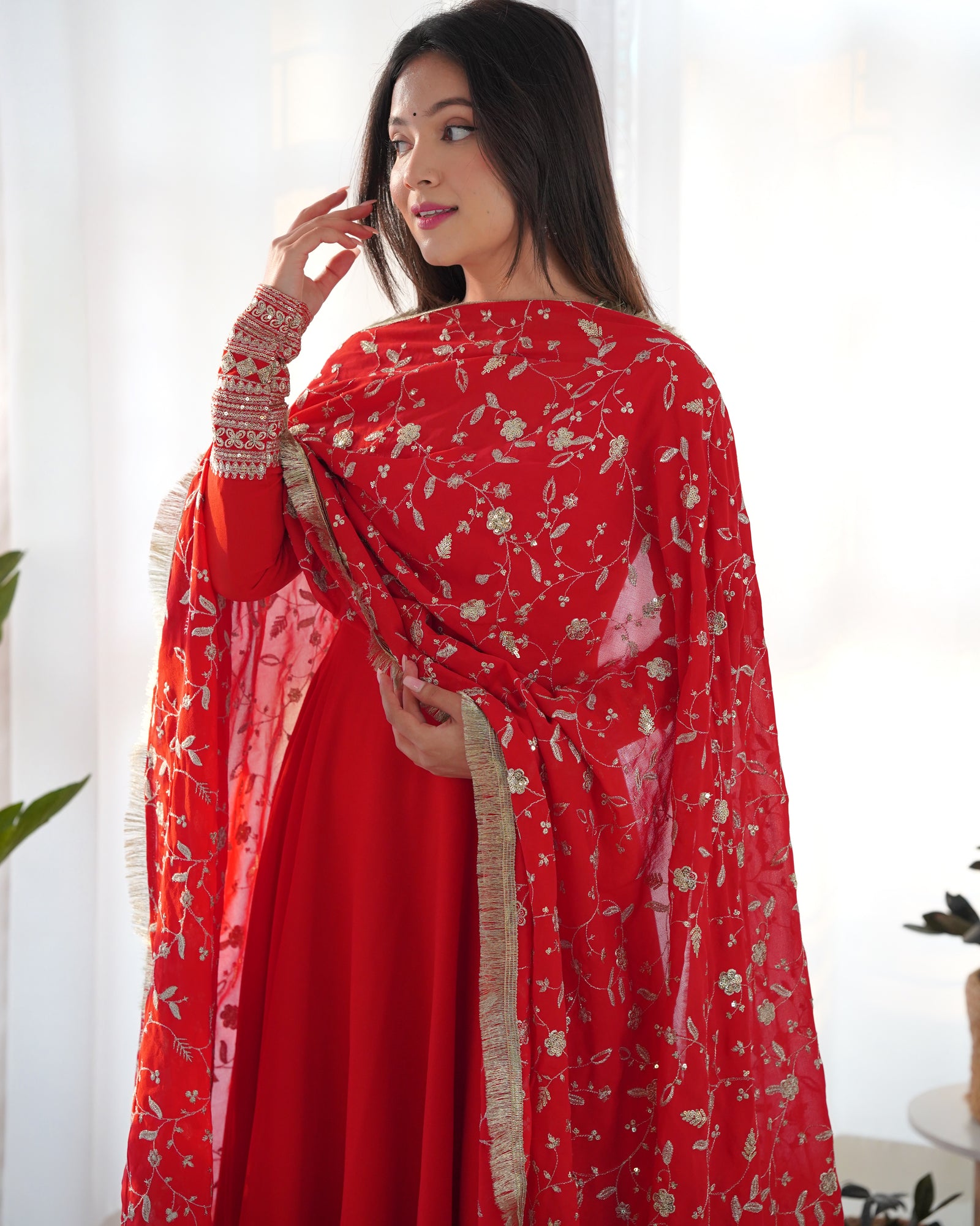 Red Elegant Georgette Anarkali Gown Set – Festive & Wedding Ready
