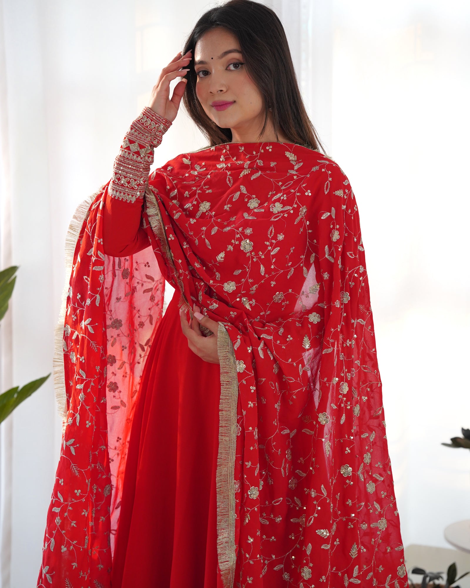 Red Elegant Georgette Anarkali Gown Set – Festive & Wedding Ready