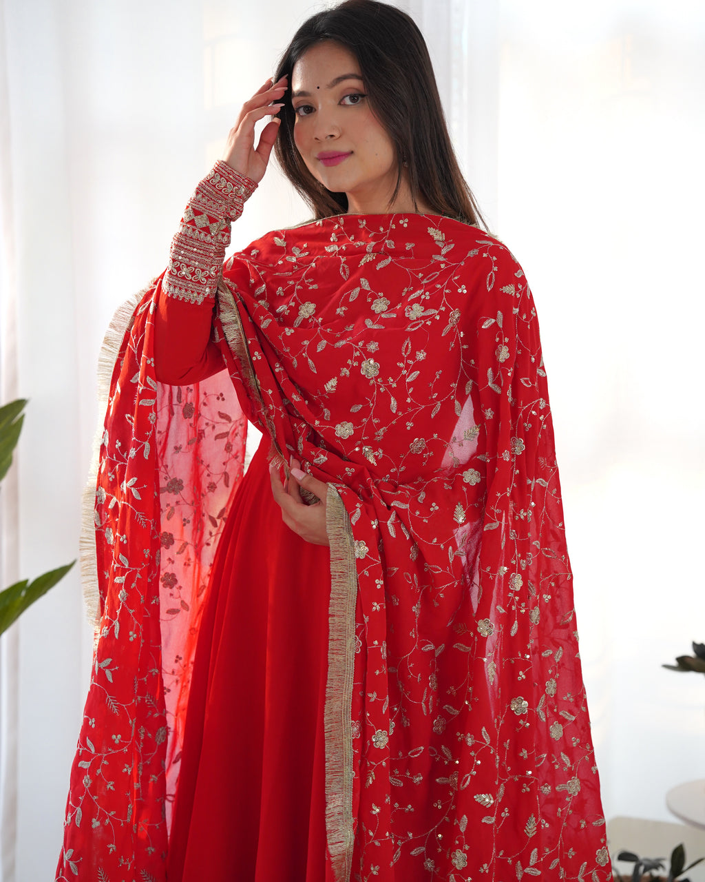 Red Elegant Georgette Anarkali Gown Set – Festive & Wedding Ready