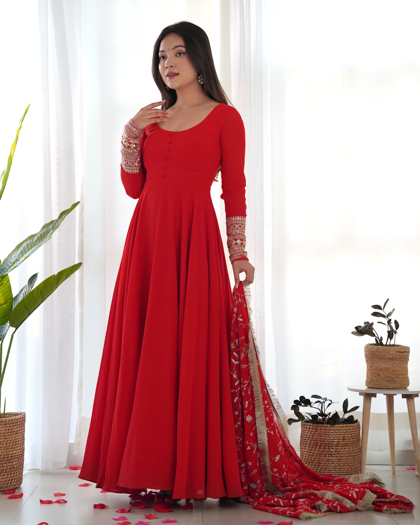 Red Elegant Georgette Anarkali Gown Set – Festive & Wedding Ready