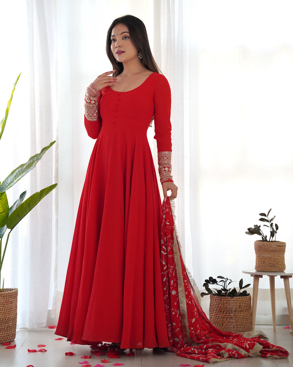 Red Elegant Georgette Anarkali Gown Set – Festive & Wedding Ready