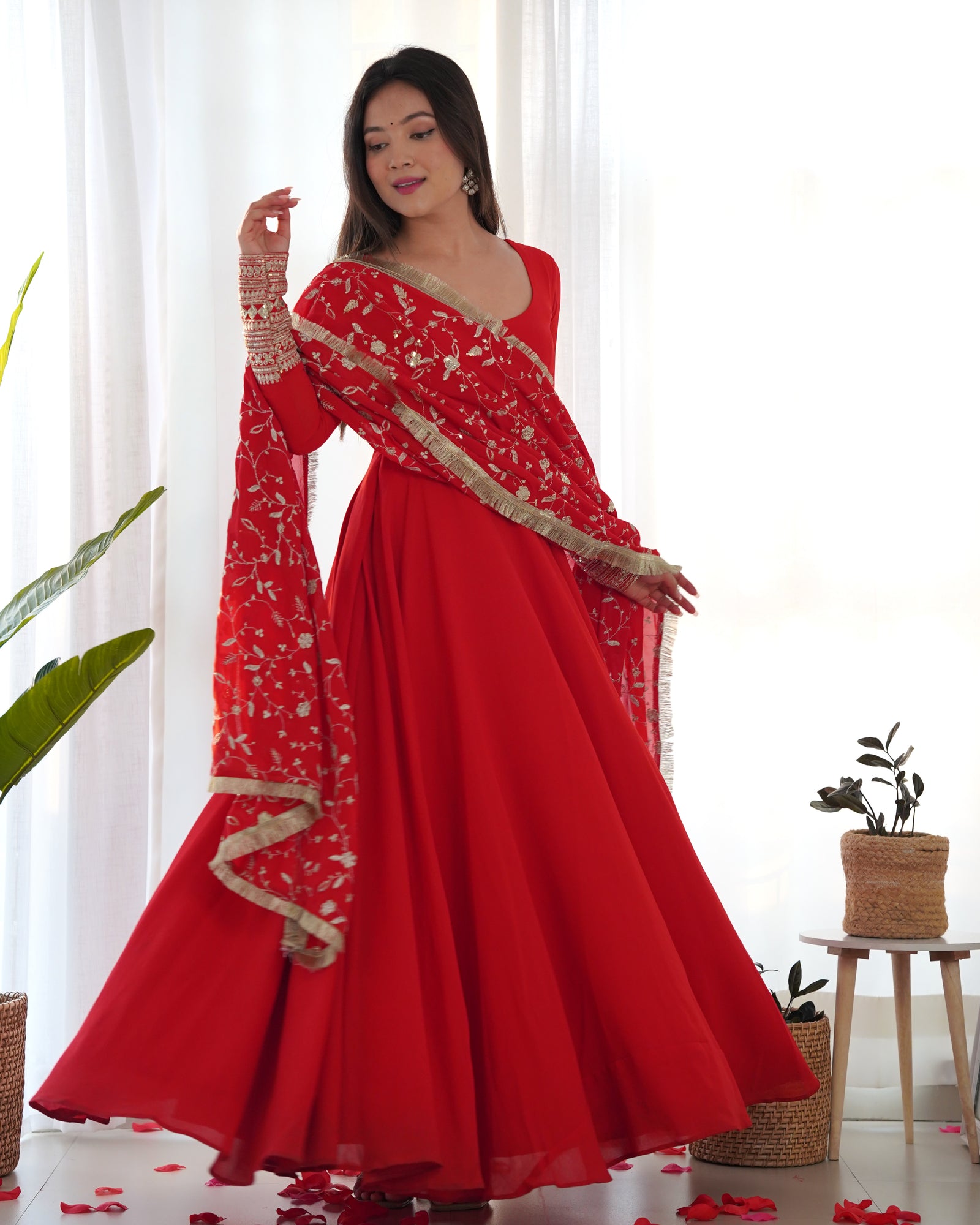 Red Elegant Georgette Anarkali Gown Set – Festive & Wedding Ready