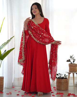 Red Elegant Georgette Anarkali Gown Set – Festive & Wedding Ready