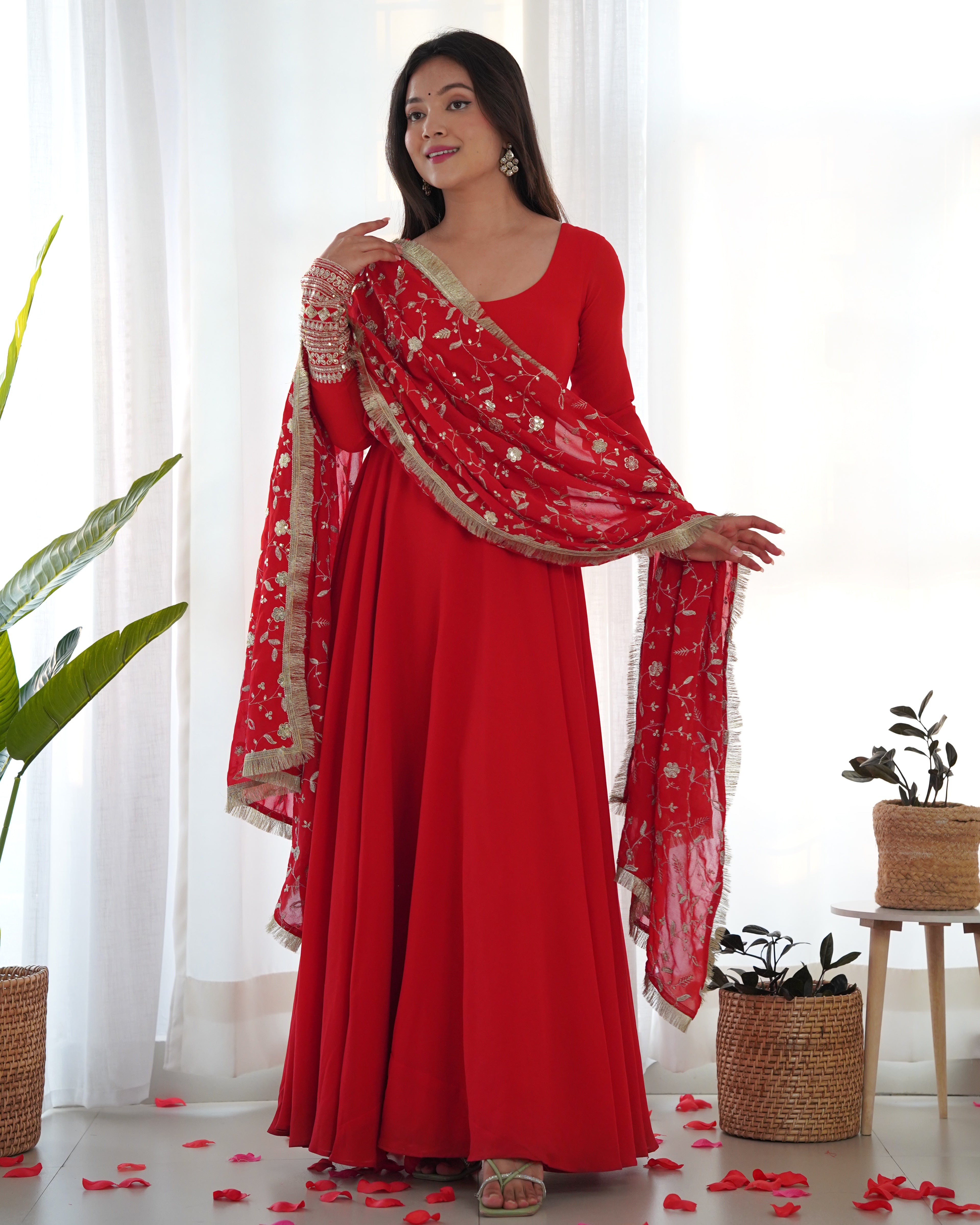 Red Elegant Georgette Anarkali Gown Set – Festive & Wedding Ready