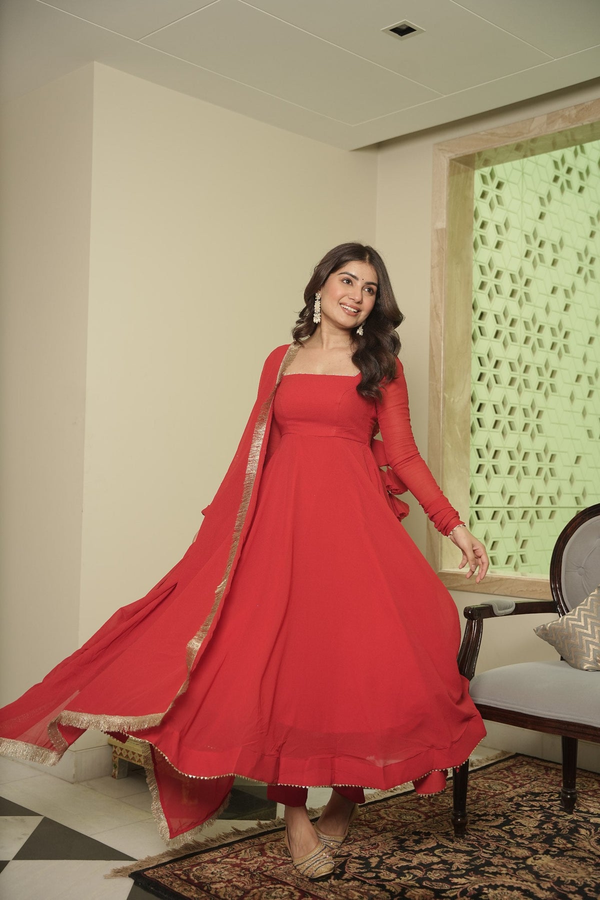 Red Elegant Georgette Anarkali Suit Set with Moti Work – 3-Piece Set Clothsvilla