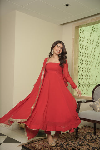 Red Elegant Georgette Anarkali Suit Set with Moti Work – 3-Piece Set Clothsvilla