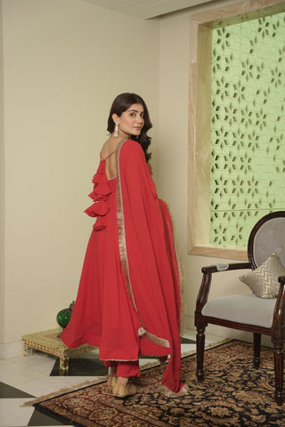 Red Elegant Georgette Anarkali Suit Set with Moti Work – 3-Piece Set Clothsvilla