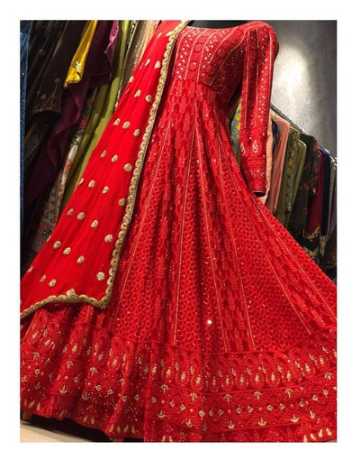 Red Elegant Georgette Chain Stitch Gown Set with Aari Work Dupatta & Satin Silk Bottom ClothsVilla