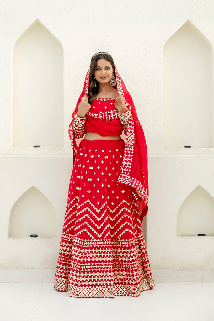 Red Elegant Georgette Foil Embroidered Lehenga Set with Dupatta – Semi-Stitched Lehenga & Unstitched Blouse ClothsVilla
