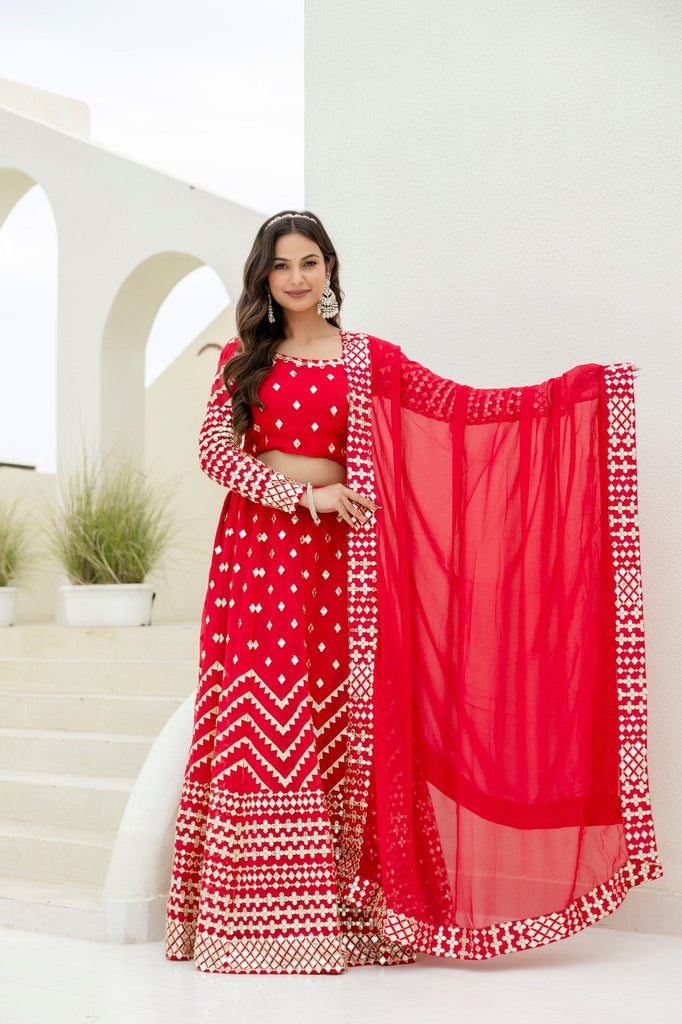 Red Elegant Georgette Foil Embroidered Lehenga Set with Dupatta – Semi-Stitched Lehenga & Unstitched Blouse ClothsVilla