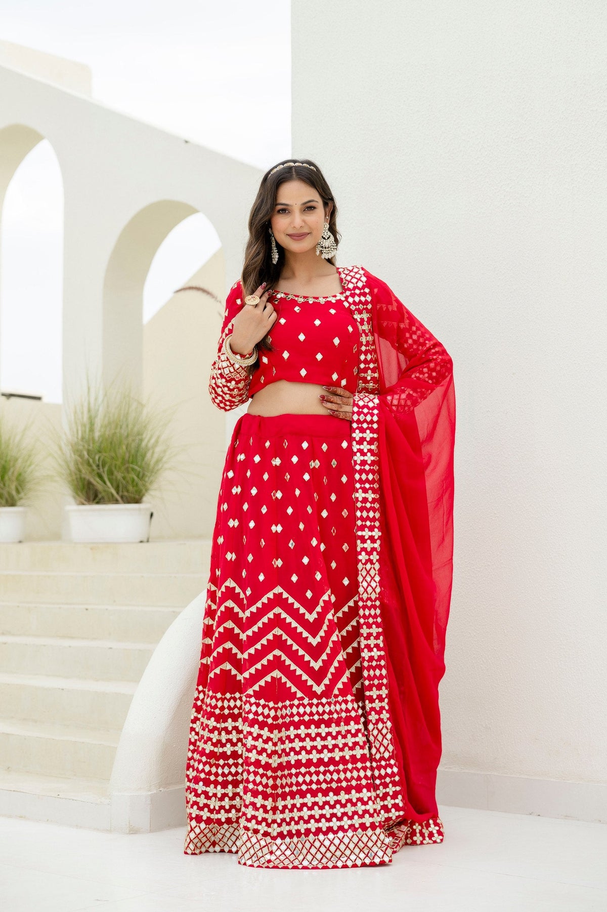 Red Elegant Georgette Foil Embroidered Lehenga Set with Dupatta – Semi-Stitched Lehenga & Unstitched Blouse ClothsVilla Main image