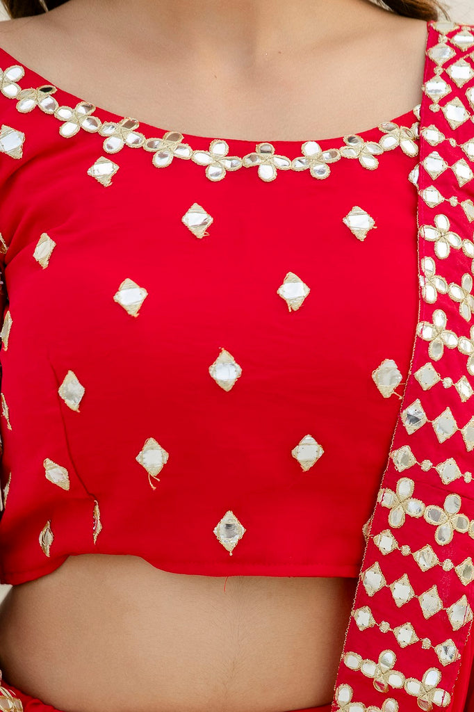 Red Elegant Georgette Foil Embroidered Lehenga Set with Dupatta – Semi-Stitched Lehenga & Unstitched Blouse ClothsVilla