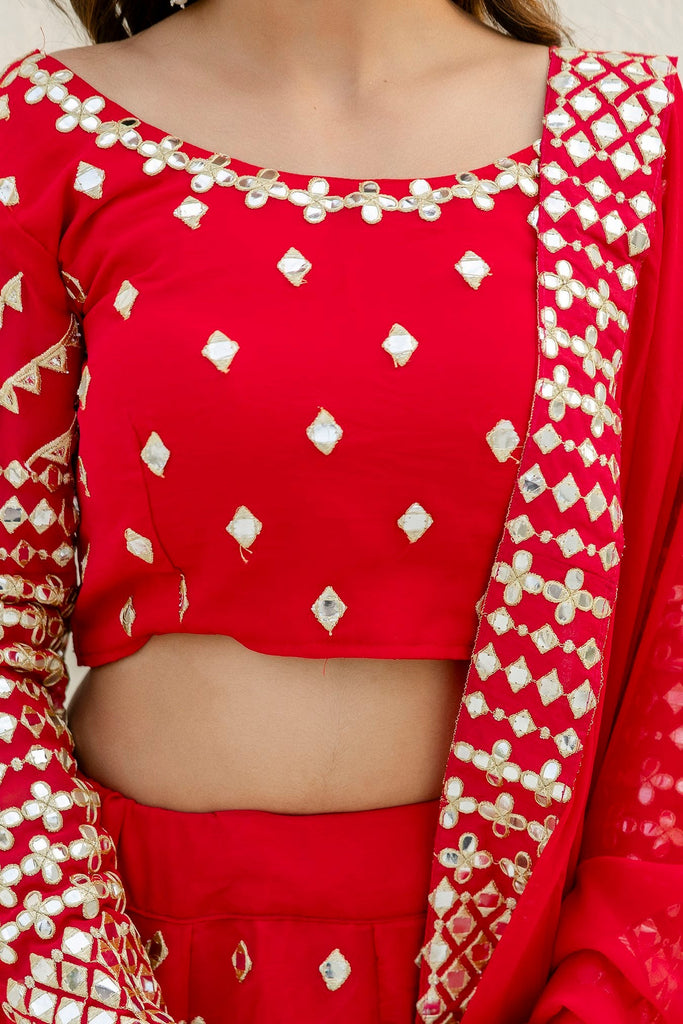 Red Elegant Georgette Foil Embroidered Lehenga Set with Dupatta – Semi-Stitched Lehenga & Unstitched Blouse ClothsVilla