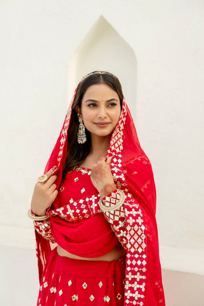 Red Elegant Georgette Foil Embroidered Lehenga Set with Dupatta – Semi-Stitched Lehenga & Unstitched Blouse ClothsVilla