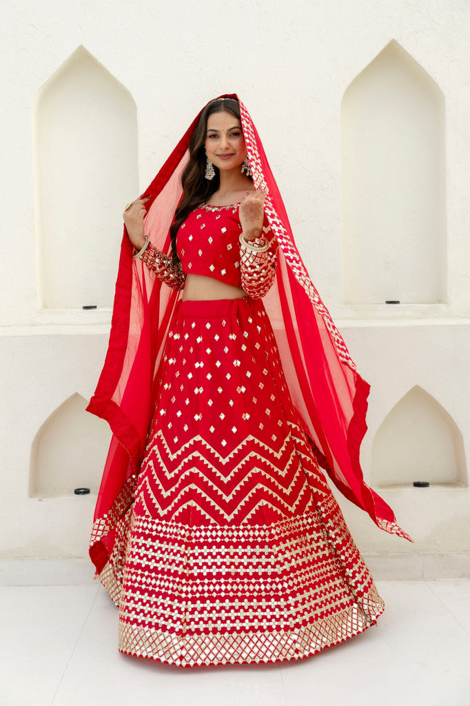 Red Elegant Georgette Foil Embroidered Lehenga Set with Dupatta – Semi-Stitched Lehenga & Unstitched Blouse ClothsVilla