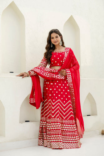 Red Elegant Georgette Foil Embroidered Lehenga Set with Dupatta – Semi-Stitched Lehenga & Unstitched Blouse ClothsVilla
