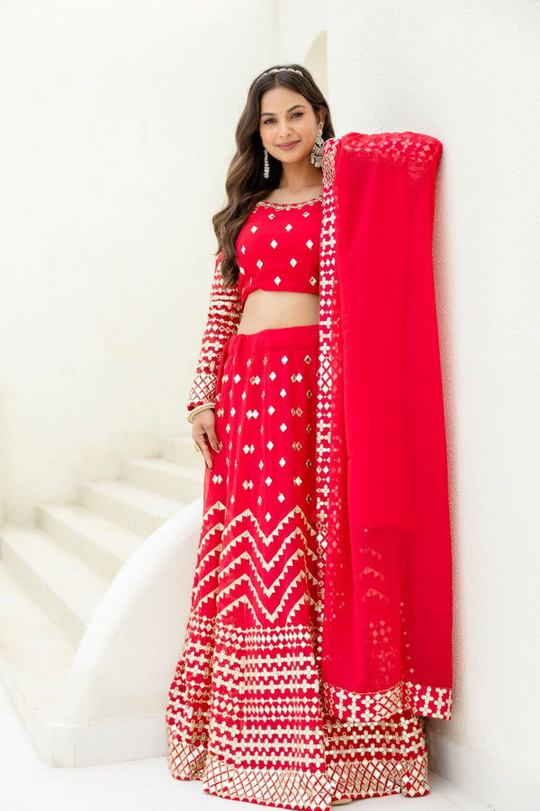 Red Elegant Georgette Foil Embroidered Lehenga Set with Dupatta – Semi-Stitched Lehenga & Unstitched Blouse ClothsVilla
