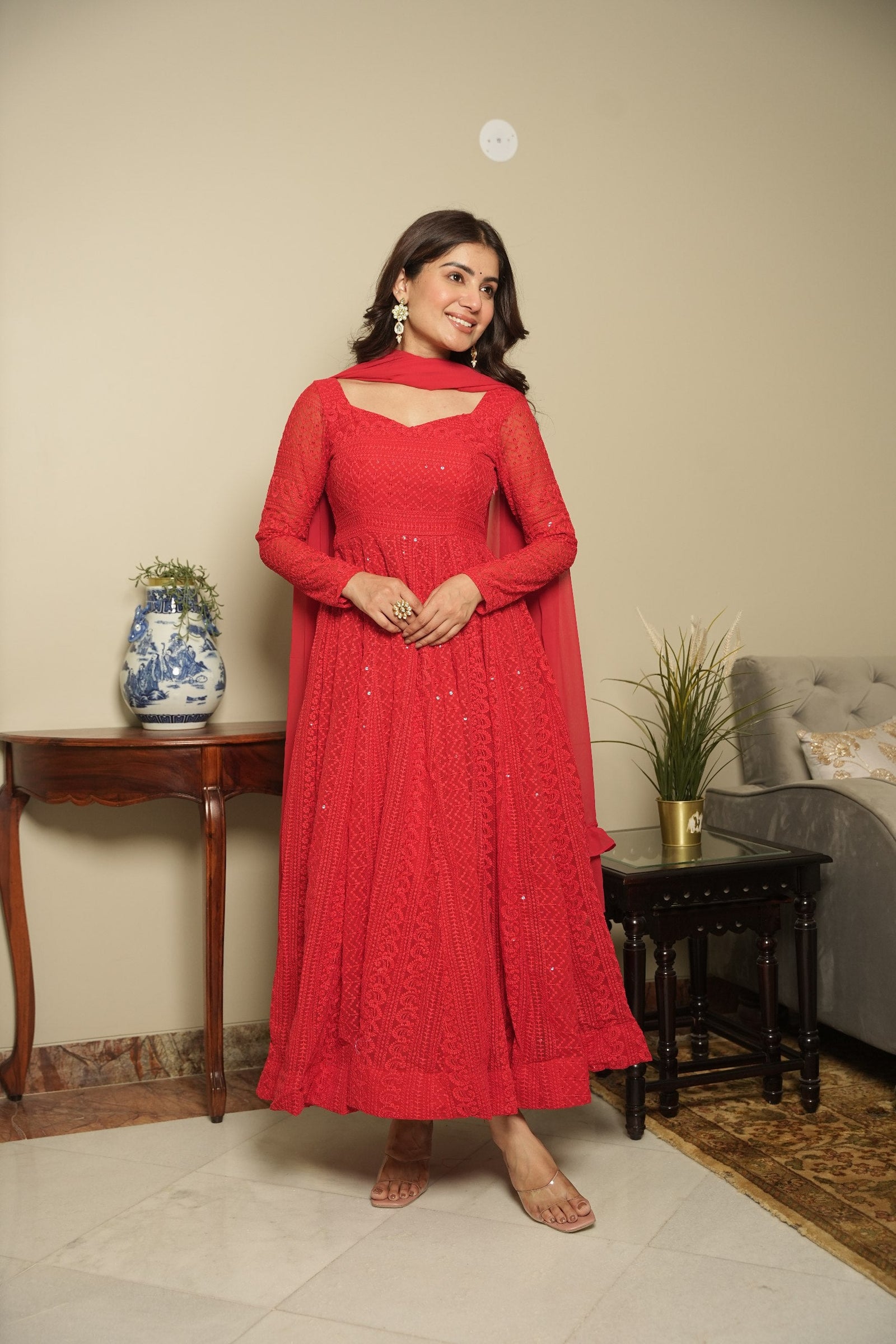 Red Elegant Georgette Printed Suit Set with Tassel Dupatta – Flowy & Chic Clothsvilla