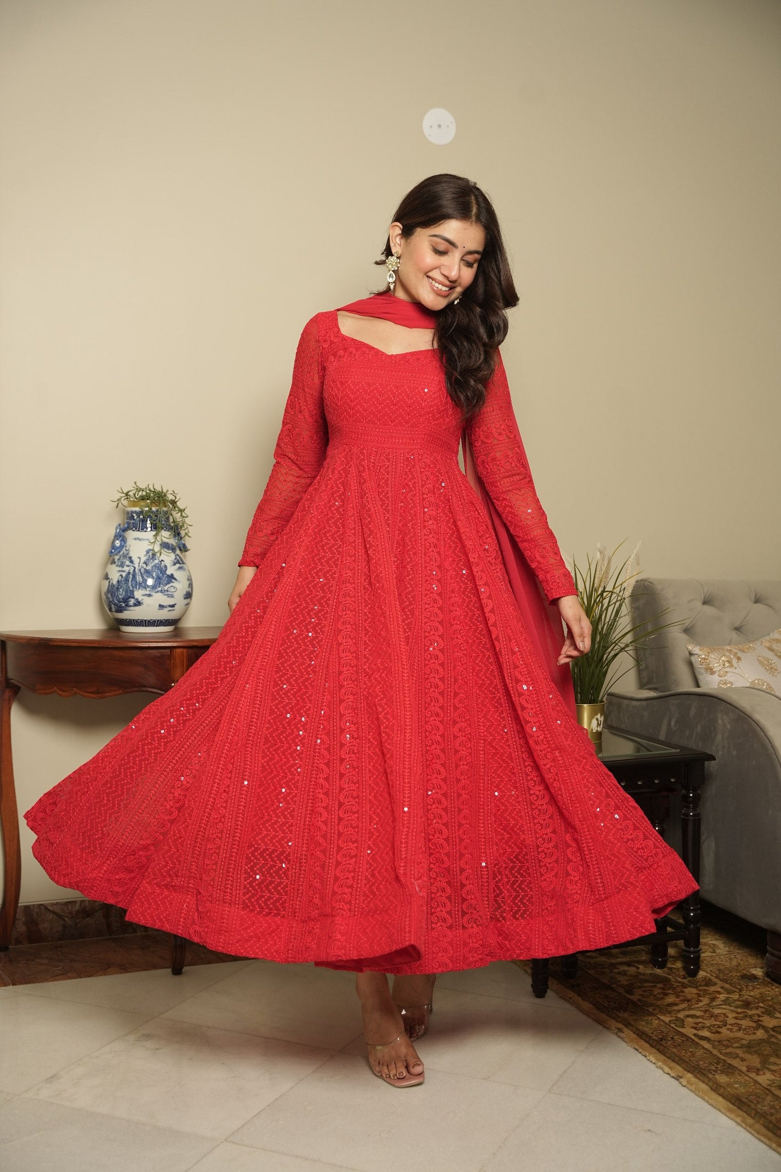 Red Elegant Georgette Printed Suit Set with Tassel Dupatta – Flowy & Chic Clothsvilla