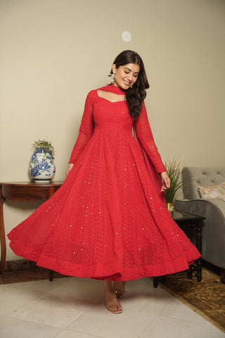 Red Elegant Georgette Printed Suit Set with Tassel Dupatta – Flowy & Chic Clothsvilla