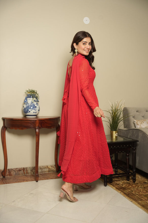 Red Elegant Georgette Printed Suit Set with Tassel Dupatta – Flowy & Chic Clothsvilla