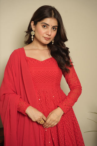 Red Elegant Georgette Printed Suit Set with Tassel Dupatta – Flowy & Chic Clothsvilla