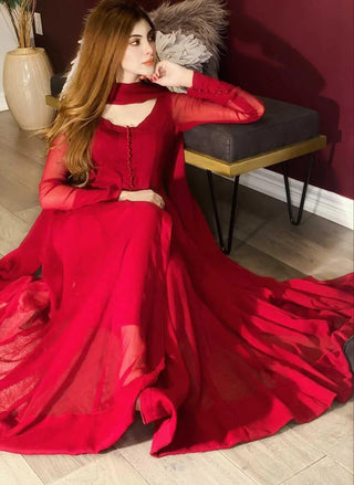 Red Elegant Georgette Silk Anarkali Suit with Modern Touch ELORIYA