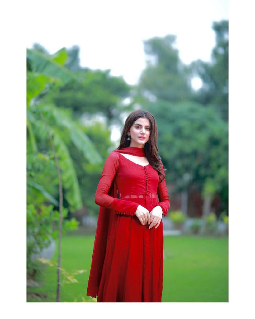 Red Readymade Plain Anarkali Suit With Dupatta Latest 3896SL05
