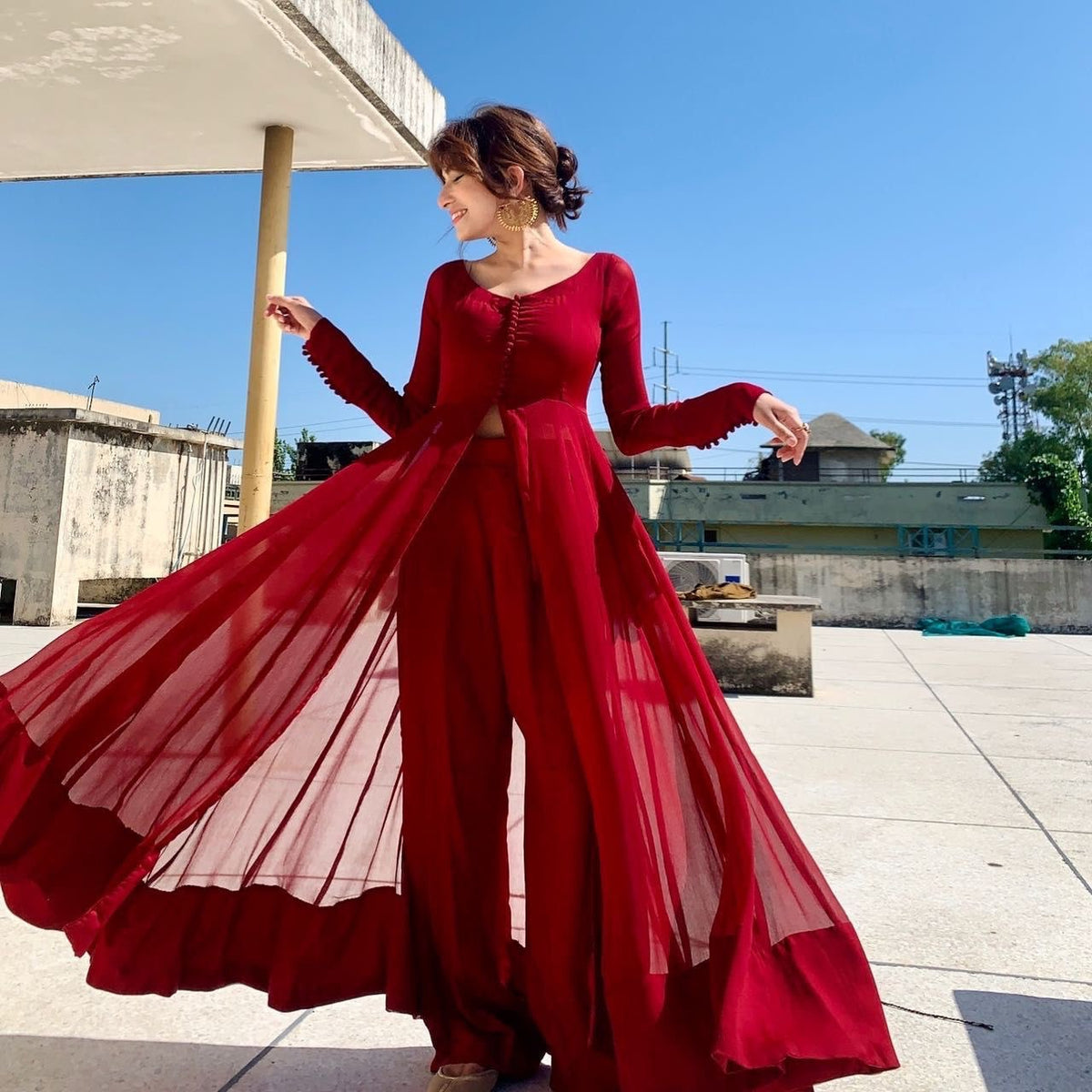 Red Elegant Georgette Silk Anarkali Suit with Modern Touch ELORIYA