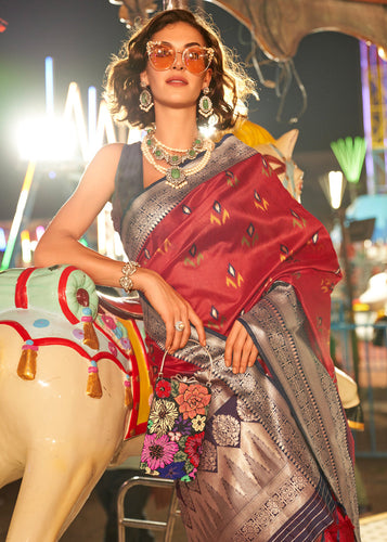 Red Elegant Handloom Banarasi Silk Blend Saree with Woven Work & Blouse Piece ClothsVilla