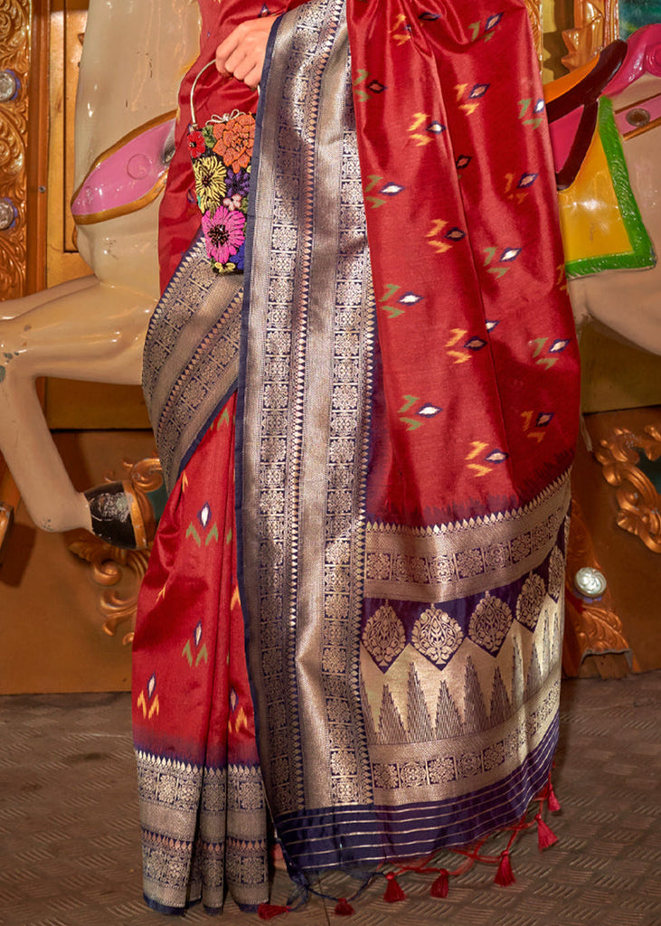 Red Elegant Handloom Banarasi Silk Blend Saree with Woven Work & Blouse Piece ClothsVilla