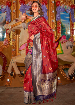 Red Elegant Handloom Banarasi Silk Blend Saree with Woven Work & Blouse Piece ClothsVilla