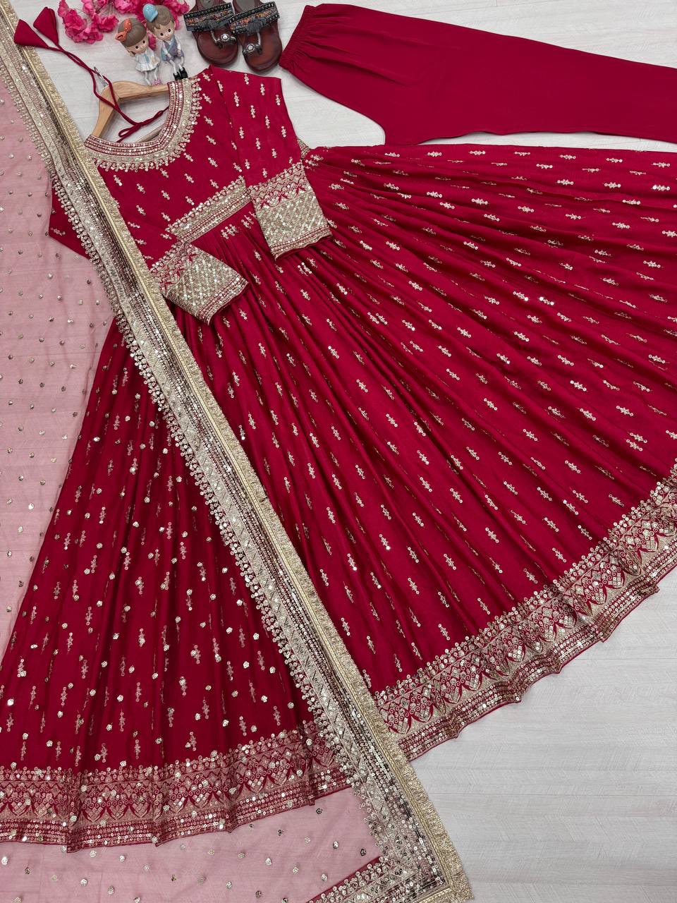 Red Elegant Heavy Chinon Silk Embroidered Gown Set with Tassel Sleeves, Bottom & Butterfly Net Dupatta ClothsVilla Main image