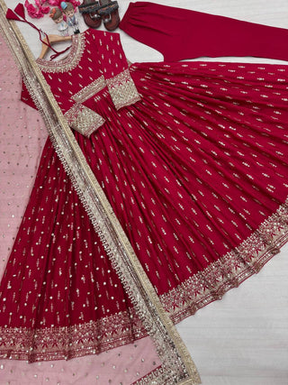 Red Elegant Heavy Chinon Silk Embroidered Gown Set with Tassel Sleeves, Bottom & Butterfly Net Dupatta ClothsVilla