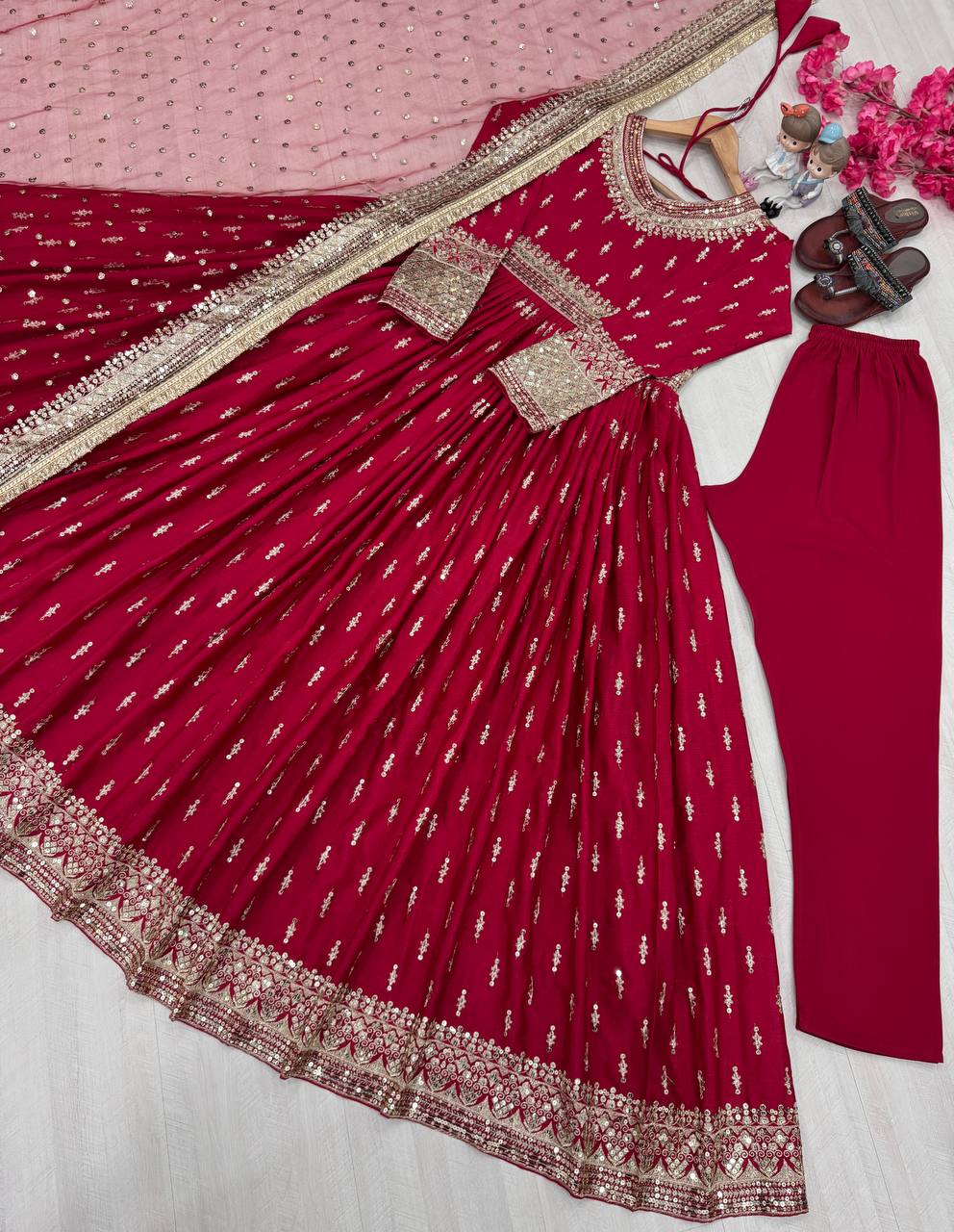 Red Elegant Heavy Chinon Silk Embroidered Gown Set with Tassel Sleeves, Bottom & Butterfly Net Dupatta ClothsVilla