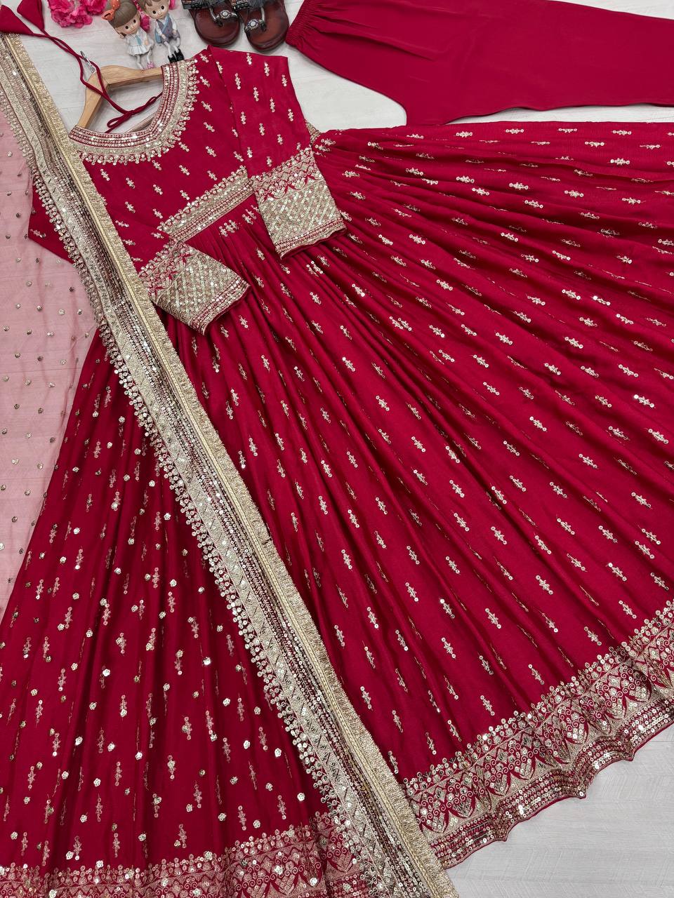 Red Elegant Heavy Chinon Silk Embroidered Gown Set with Tassel Sleeves, Bottom & Butterfly Net Dupatta ClothsVilla