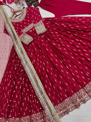Red Elegant Heavy Chinon Silk Embroidered Gown Set with Tassel Sleeves, Bottom & Butterfly Net Dupatta ClothsVilla