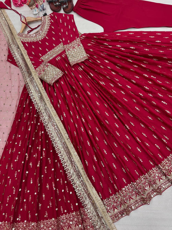 Red Elegant Heavy Chinon Silk Embroidered Gown Set with Tassel Sleeves, Bottom & Butterfly Net Dupatta ClothsVilla