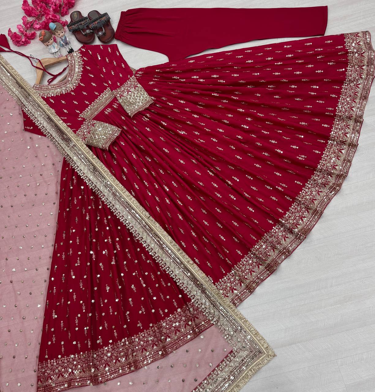 Red Elegant Heavy Chinon Silk Embroidered Gown Set with Tassel Sleeves, Bottom & Butterfly Net Dupatta Secondary image