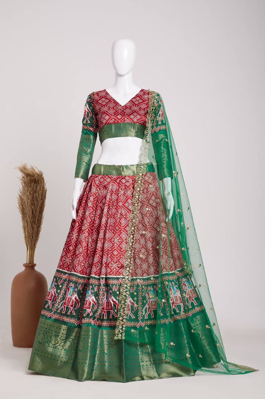 Red Elegant Heavy Dola Jacquard Silk Lehenga Set with Green Embroidered Net Dupatta ClothsVilla