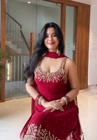 Red Elegant Heavy Faux Georgette Handworked Top with Palazzo & Dupatta Set ClothsVilla