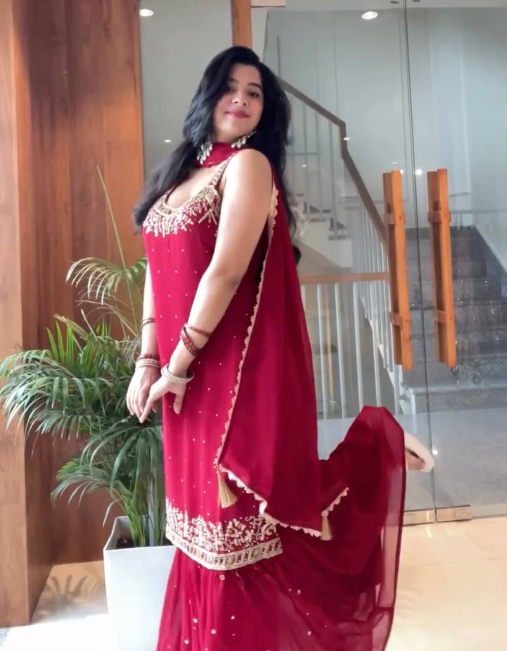Red Elegant Heavy Faux Georgette Handworked Top with Palazzo & Dupatta Set ClothsVilla