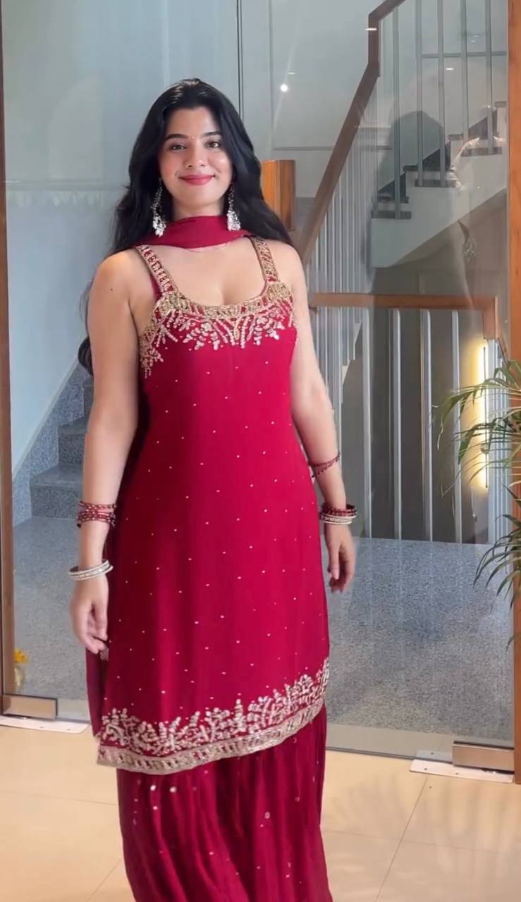 Red Elegant Heavy Faux Georgette Handworked Top with Palazzo & Dupatta Set ClothsVilla Main image