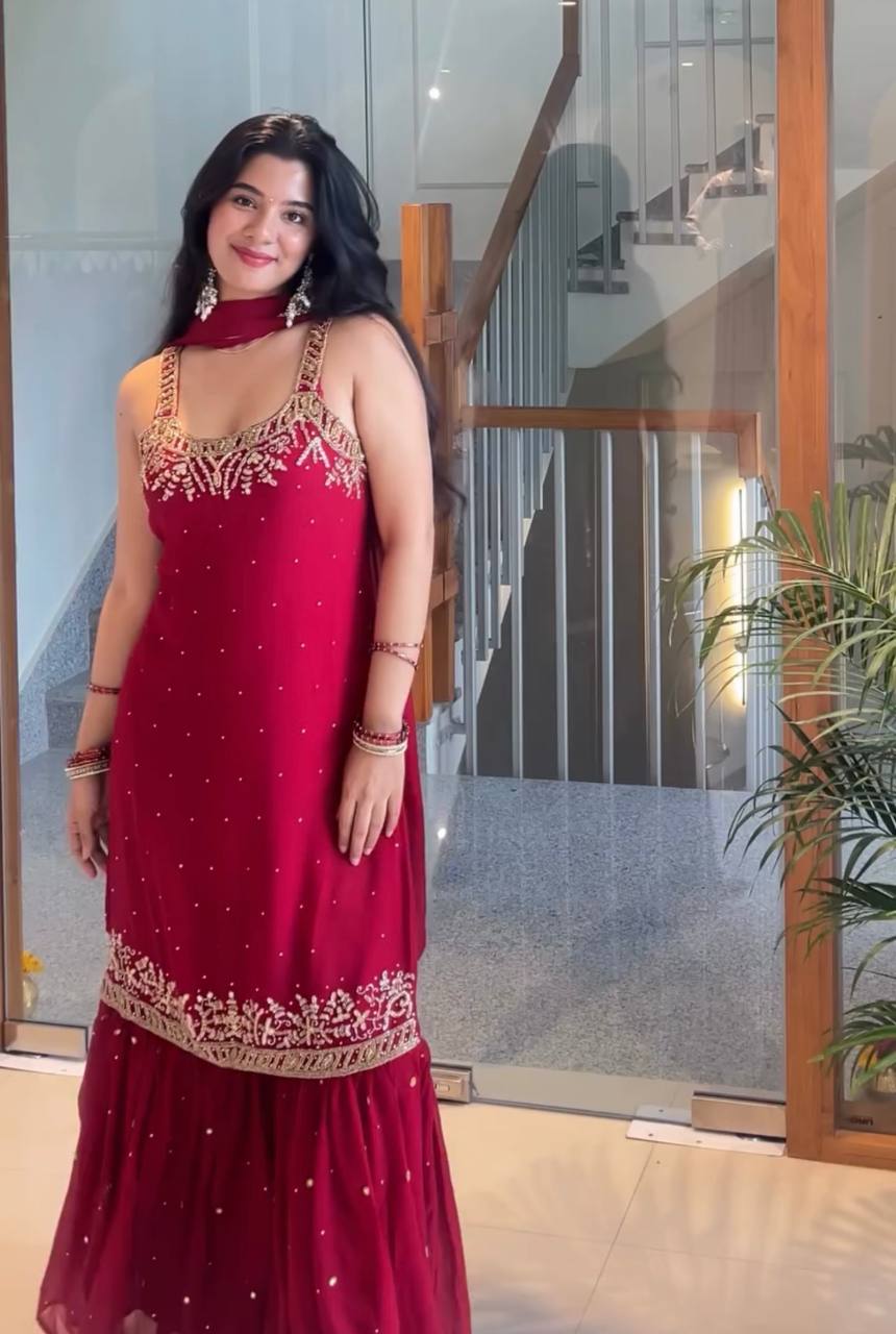Red Elegant Heavy Faux Georgette Handworked Top with Palazzo & Dupatta Set ClothsVilla