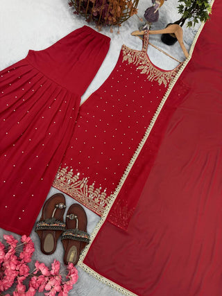 Red Elegant Heavy Faux Georgette Handworked Top with Palazzo & Dupatta Set ClothsVilla