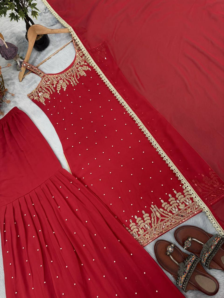 Red Elegant Heavy Faux Georgette Handworked Top with Palazzo & Dupatta Set ClothsVilla