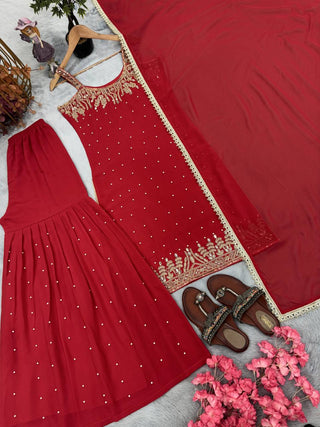Red Elegant Heavy Faux Georgette Handworked Top with Palazzo & Dupatta Set ClothsVilla