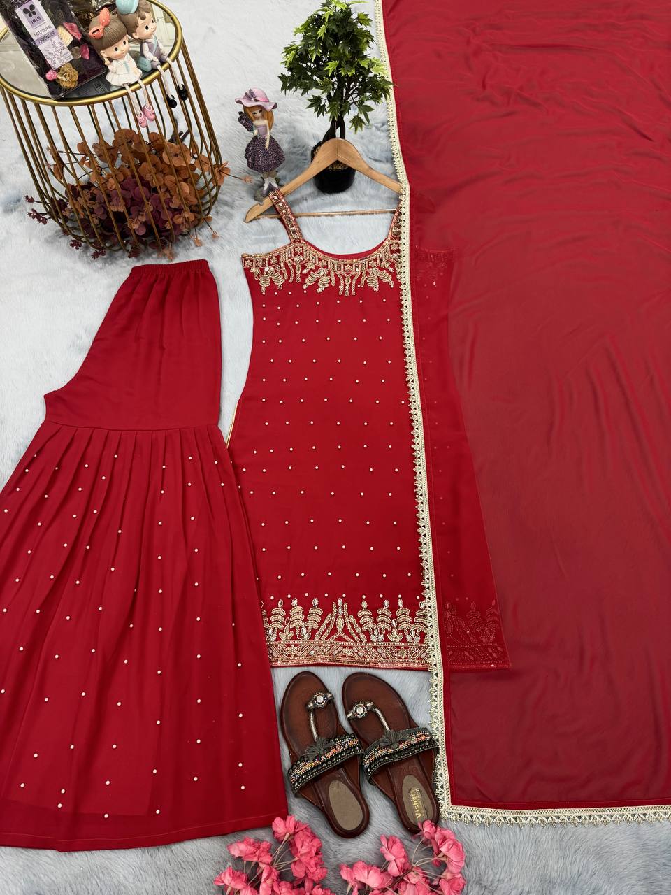 Red Elegant Heavy Faux Georgette Handworked Top with Palazzo & Dupatta Set ClothsVilla