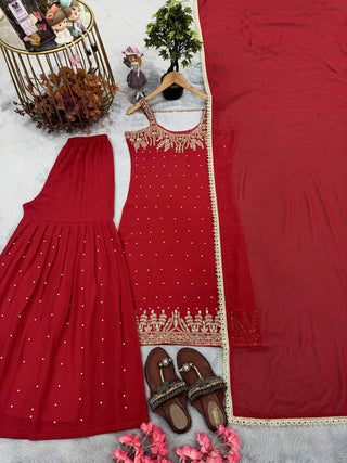 Red Elegant Heavy Faux Georgette Handworked Top with Palazzo & Dupatta Set ClothsVilla