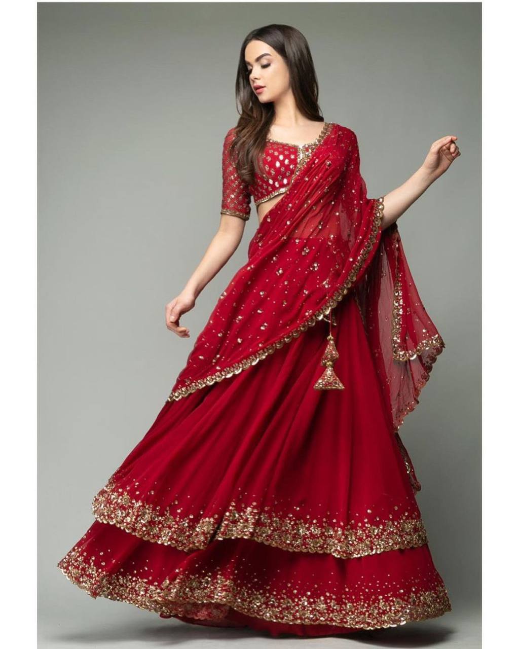 Red Elegant Heavy Georgette Lehenga Set with Embroidery & Sequins Detailing ClothsVilla Main image